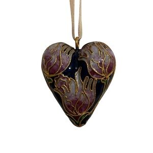 Vintage NYCO International Cloisonné Floral Heart Ornament Blue & Pink